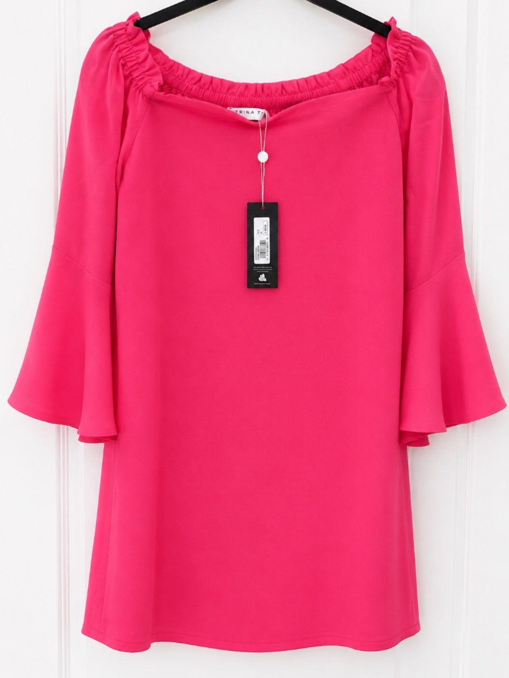 Trina Turk Knox Shift Dress Pink Off Shoulder Bell Sleeve Short, Size S